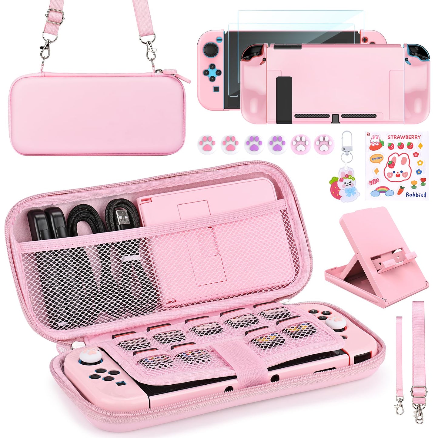 Younik Switch Accessories Bundle 17 in 1 Pink Switch Accessories Kit for Girls Include Switch Carrying Case Adjustable Stand Protective Case for Switch Console & J-Con Pink