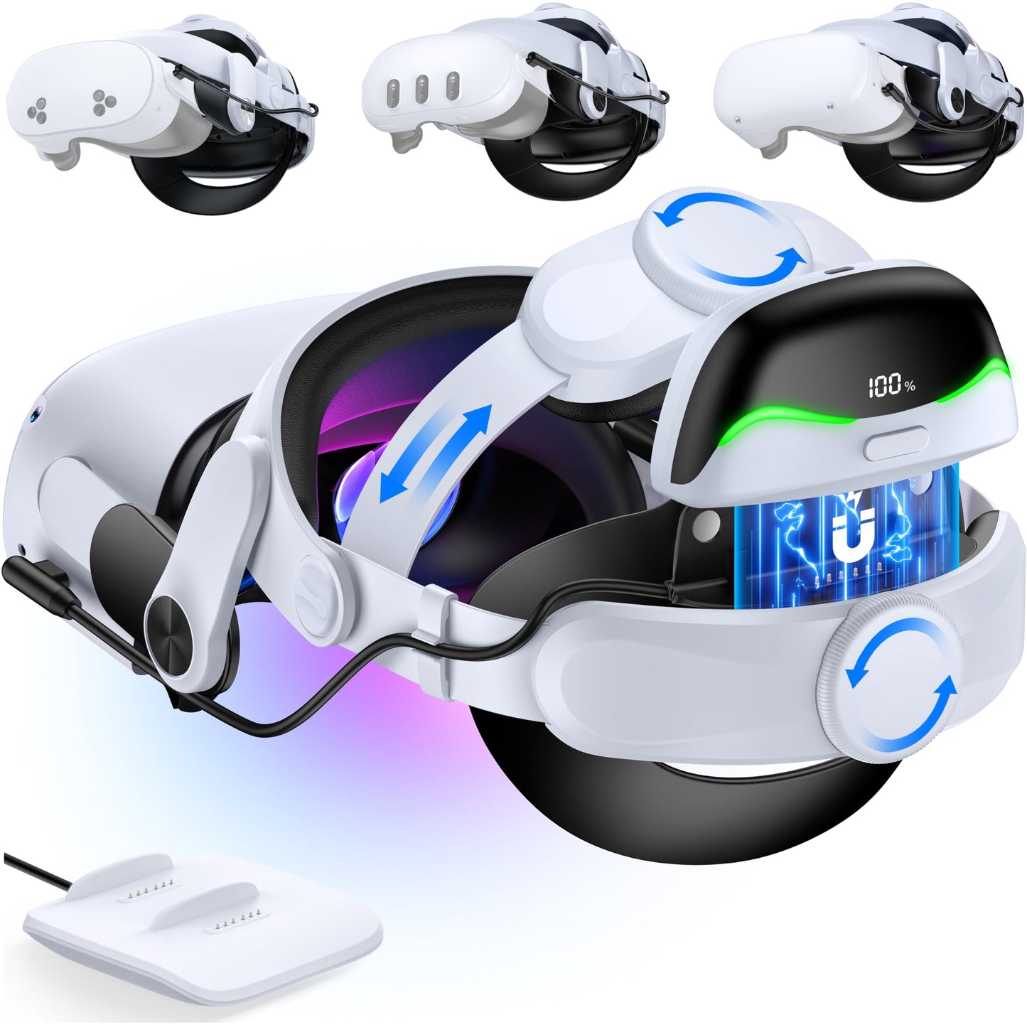 Kawaye VR Headset Strap for Meta Quest 3S/3/2 6700mAh Hot-Swap Batery and Dock for Oculus Head Strap Extend 2-3Hrs Dual Dial Adjustable Head Strap for Weight Balance&Reduce Facial Stress-MQ4001