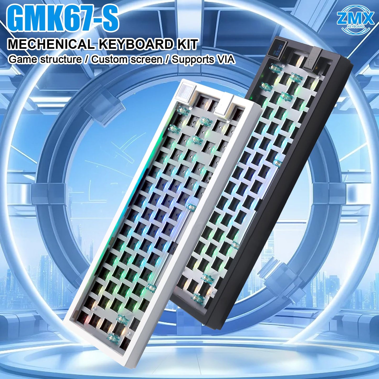 ZMX GMK67S 65% Gasket Mount Hot Swap Mechanical Keyboard - Tri-Mode BT5.0/2.4G/Type-C, White with TFT-LCD Screen
