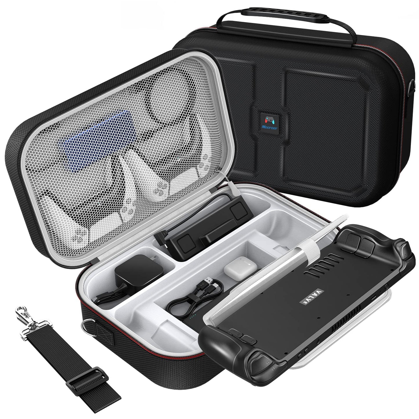 Mooroer Steam Deck Case 2024 Upgrade Steam Deck Carrying Case Large Capacity Storage Built-in AC Adapter Charger Storage Black