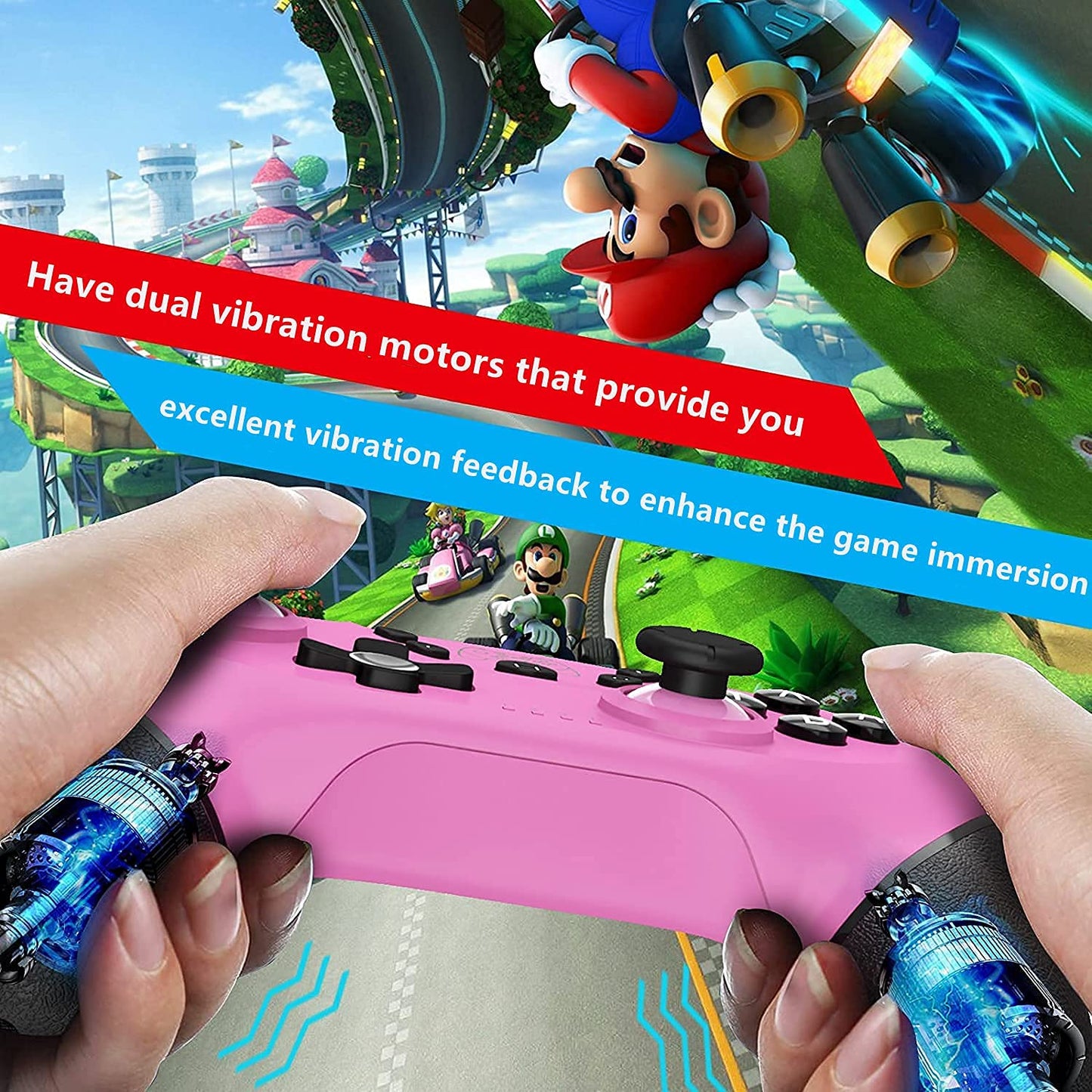 RUEIURI S-witch Wireless Gamepad for Switch/Switch Lite - Pink & Green, Gyro Axis, Turbo, Adjustable Dual Shock