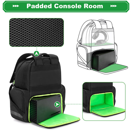 PGmoon Carry Backpack for Xbox Series X/S - Large Green Case with Storage for Console, Headset & Controllers - Model CAPG00501