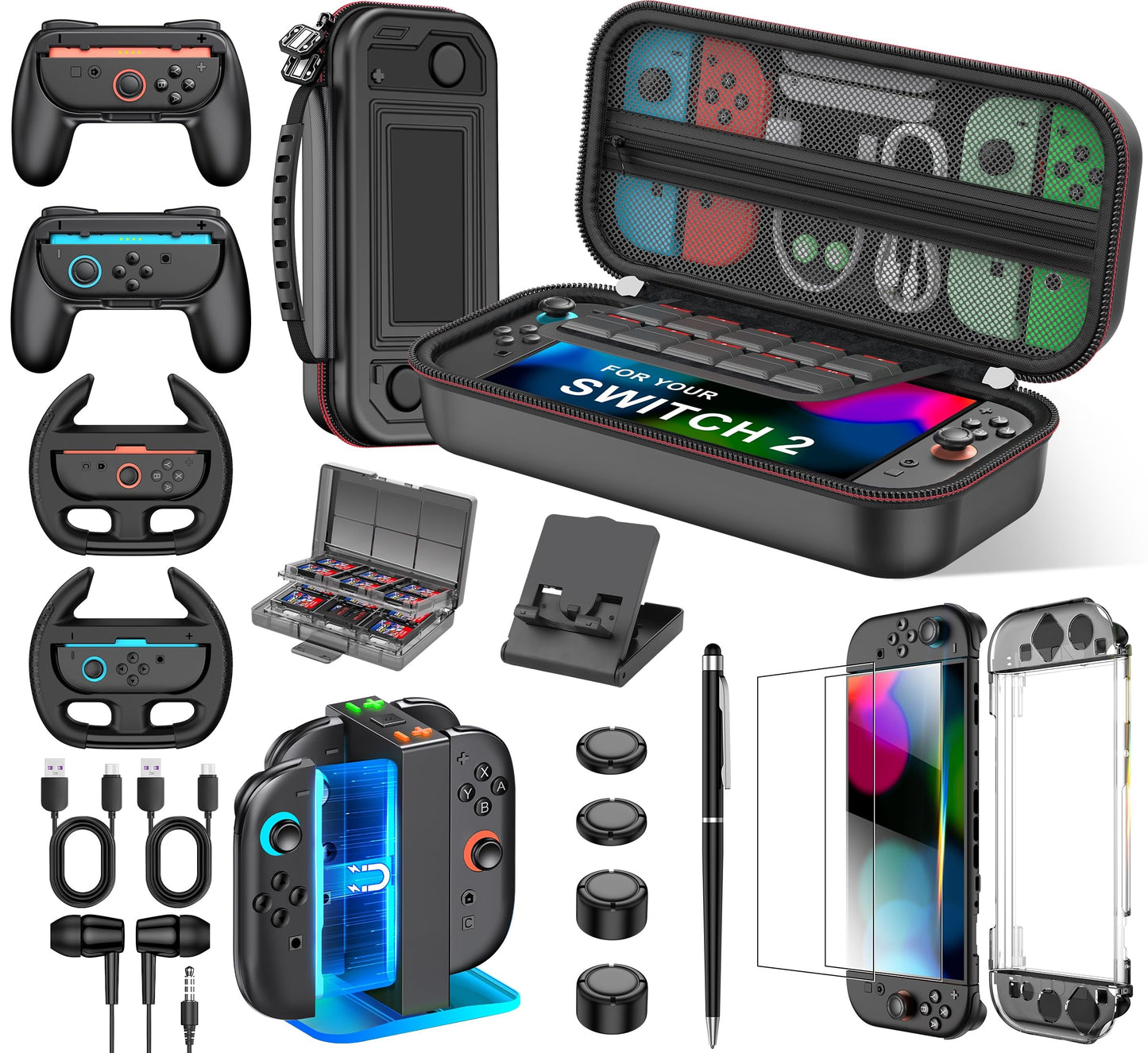 Larstylee 17 in 1 Switch 2 Accessories Bundle - Carrying Case Screen Protectors Charging Dock Steering Wheel Game Case Stylus Headphone Stand Protective Case for Joy Cons Cable SKin