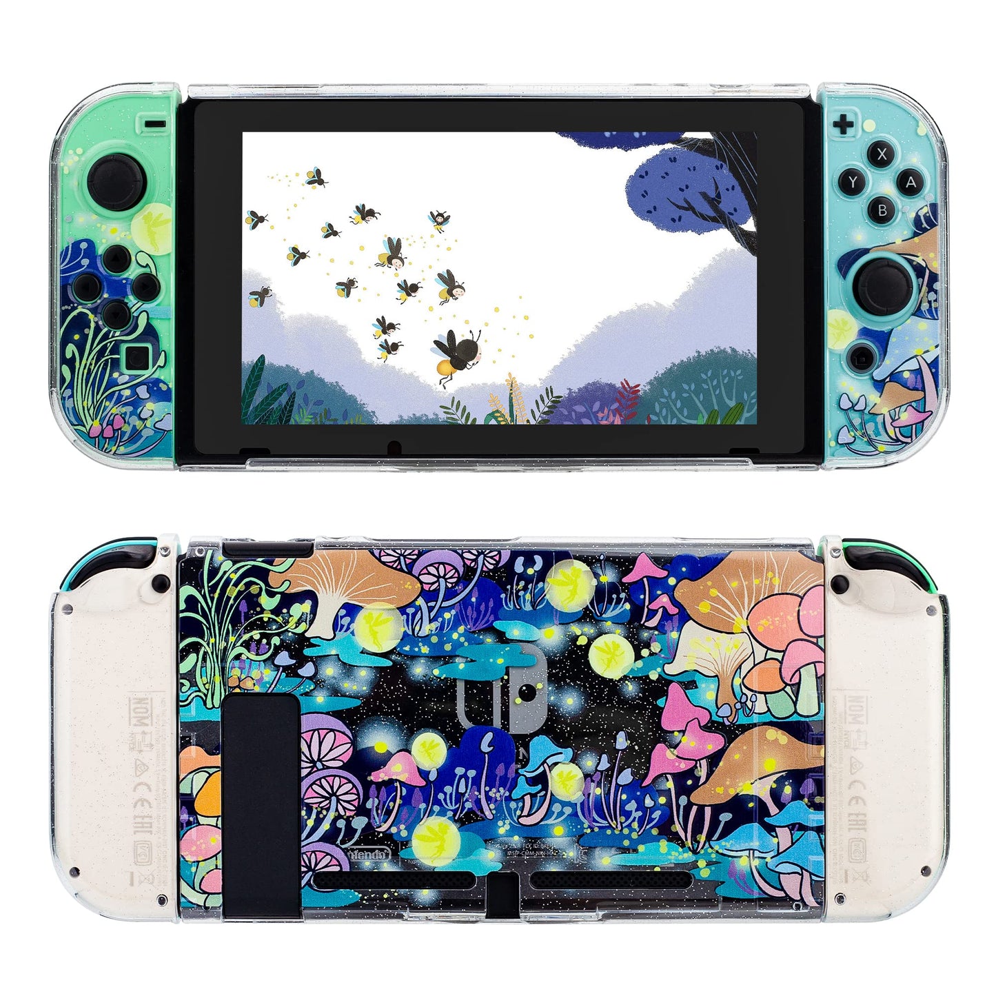 RHOTALL Cute Mushroom Clear Hard Case Compatible with Nintendo Switch, Glitter Protective Cover Accessories for Switch Console a