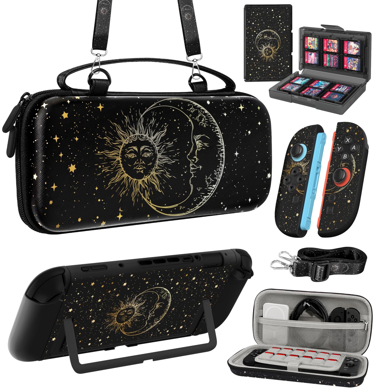 Gurgitat 6in1 Kits Accessories Bundle for Nintendo Switch 2 2025 - Cute Carrying Case Protective Cover Joy Con Grips Thumb Grips 24 Game Holder Shoulder Strap Teens Boys Girls Sun Moon