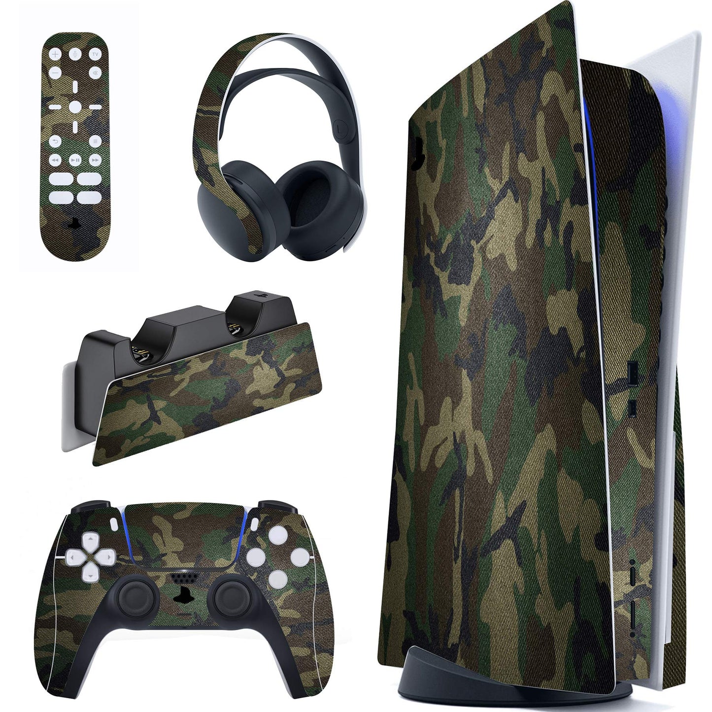 PlayVital Army Green Camouflage Full Set Skin Decal for ps5 Console Disc Edition Sticker Vinyl Decal Cover for ps5 Controller & Charging Station & Headset & Media Remote