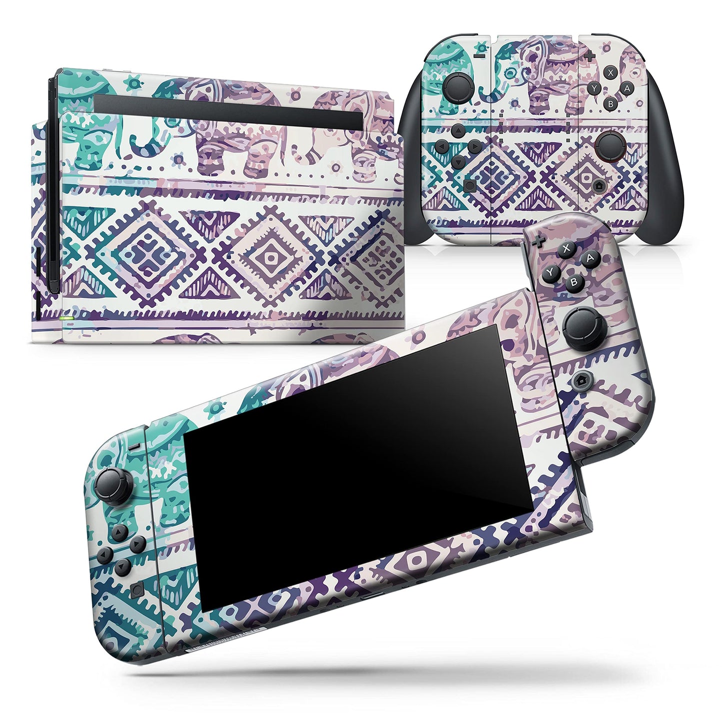 Design Skinz - Compatible with Nintendo Switch OLED Console Bundle - Skin Decal Protective Scratch-Resistant Removable Vinyl Wrap Cover - Tie-Dyed Aztec Elephant Pattern V2