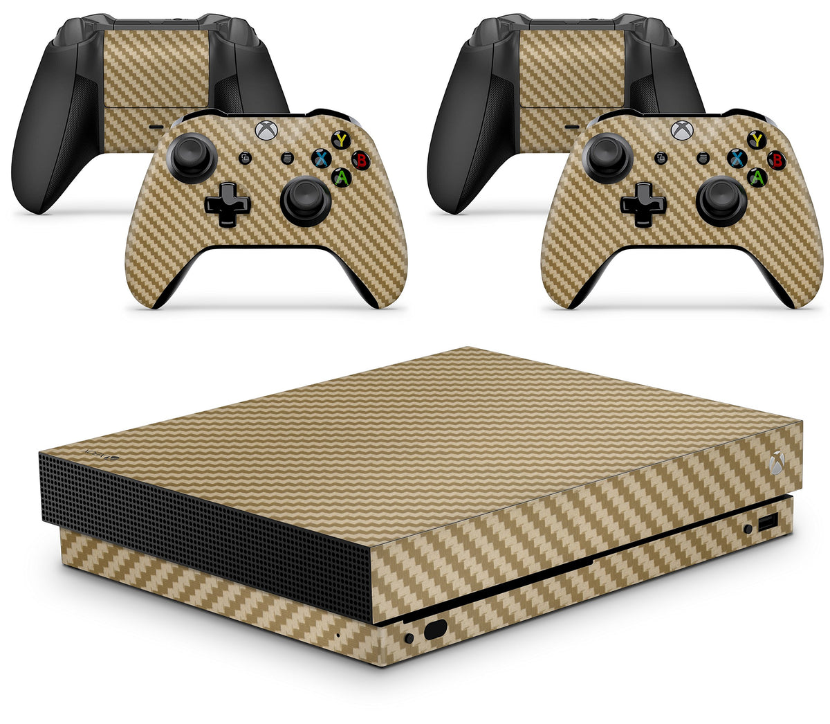 GNG Carbon Gold Skin Decal Sticker Compatible with Xbox One X Console + 2 Controller Skins