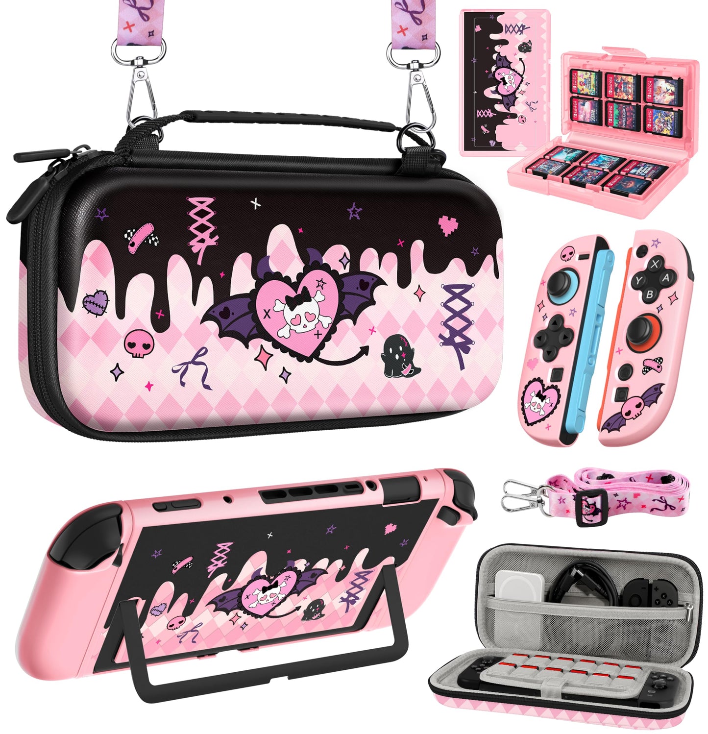 Gurgitat 6in1 Kits Accessories Bundle for Nintendo Switch 2 2025 - Cute Carrying Case Protective Cover Joy Con Grips Thumb Grips 24 Game Holder Shoulder Strap Teens Boys Girls Skull