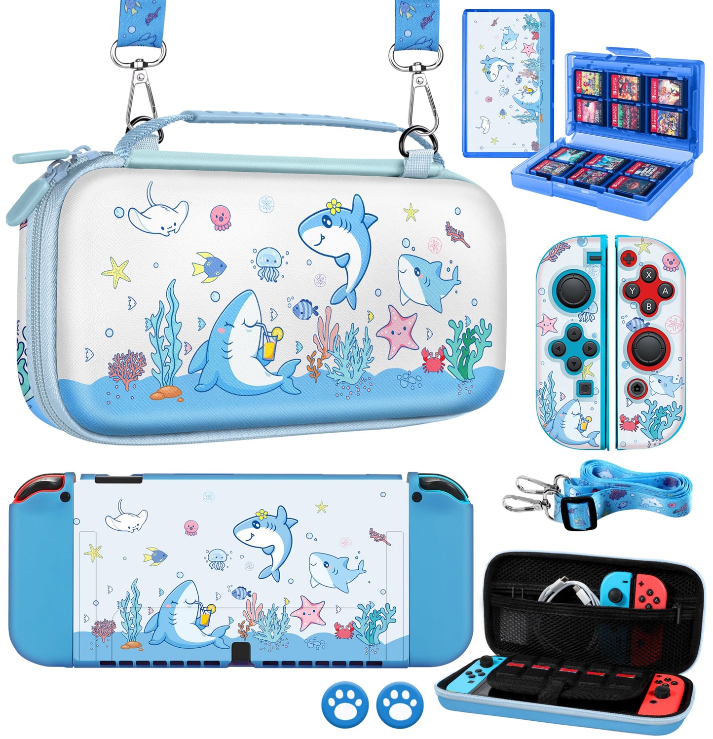 Gurgitat 8in1 Kits Accessories Bundle for Nintendo Switch OLED 2021 - Cute Carrying Case Protective Cover Joy Con Grips Thumb Grips 24 Game Holder Shoulder Strap Teens Boys Girls Blue Shark