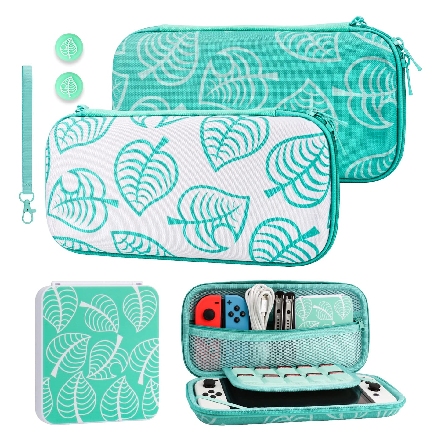 GLDRAM Green Carrying Case Bundle for Nintendo Switch and OLED Model Switch Travel Protector with Strap Game Card Holder Thumb Caps