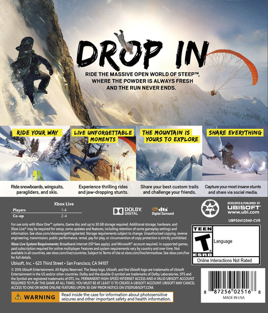 Ubisoft Steep - Xbox One Game, Model UBP50402040, Adventure Sports Experience