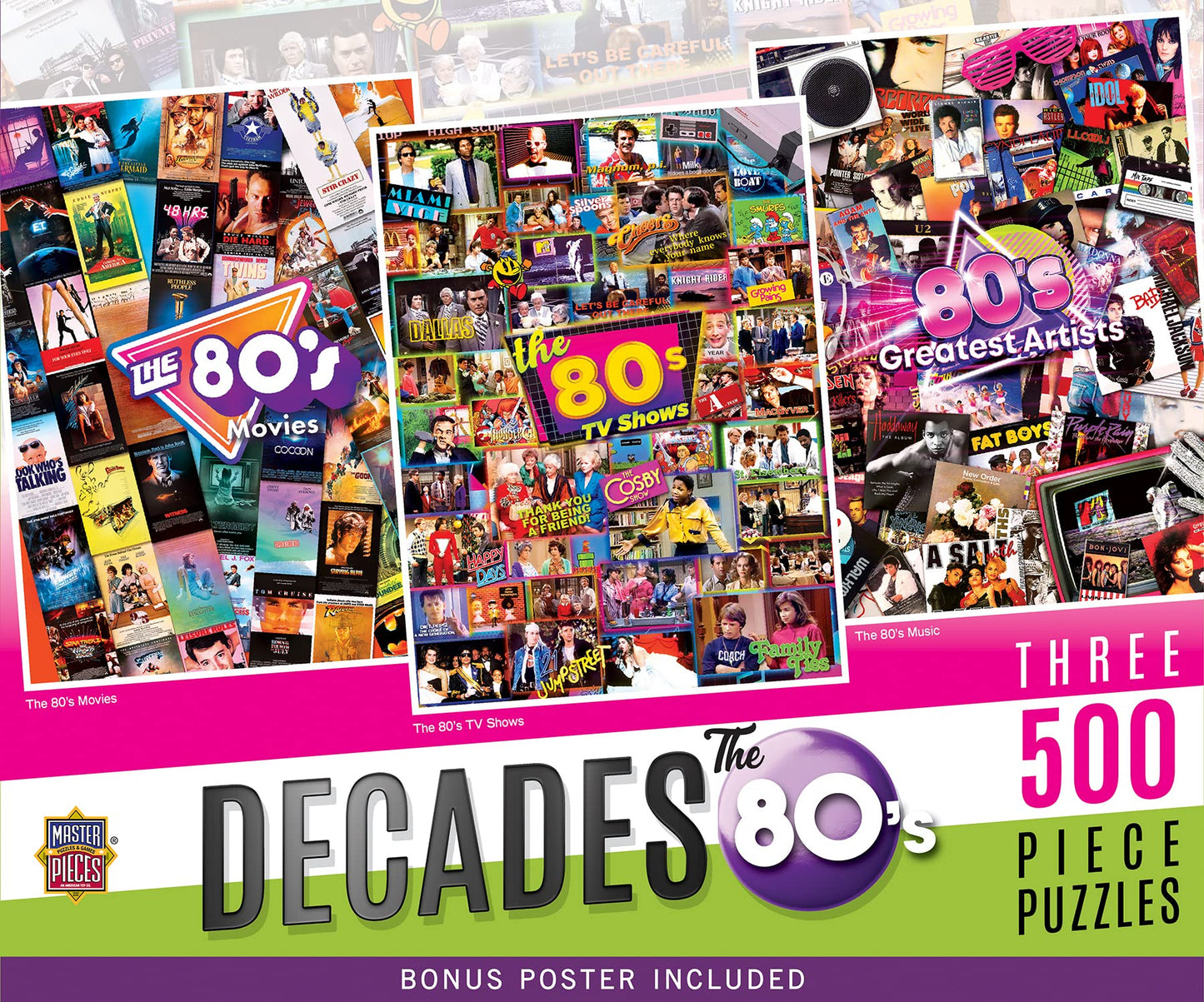 3-Pack 500pc Puzzles - The 80s - Jigsaw Puzzle with Vibrant Artwork and Durable Pieces - Fun Family Activity Brain Challenge and Educational Entertainment for Kids Teens and Adults
