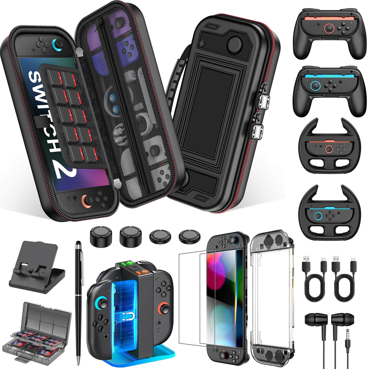 NinABXY Switch 2 Carrying Case Accessories 18-IN-1 Bundle for Nintendo Switch 2 2025-Dual Charging Dock Game Card Holder Steering Wheels Ergonomic Grips Legacy Systems for Nintendo 3DS XXL