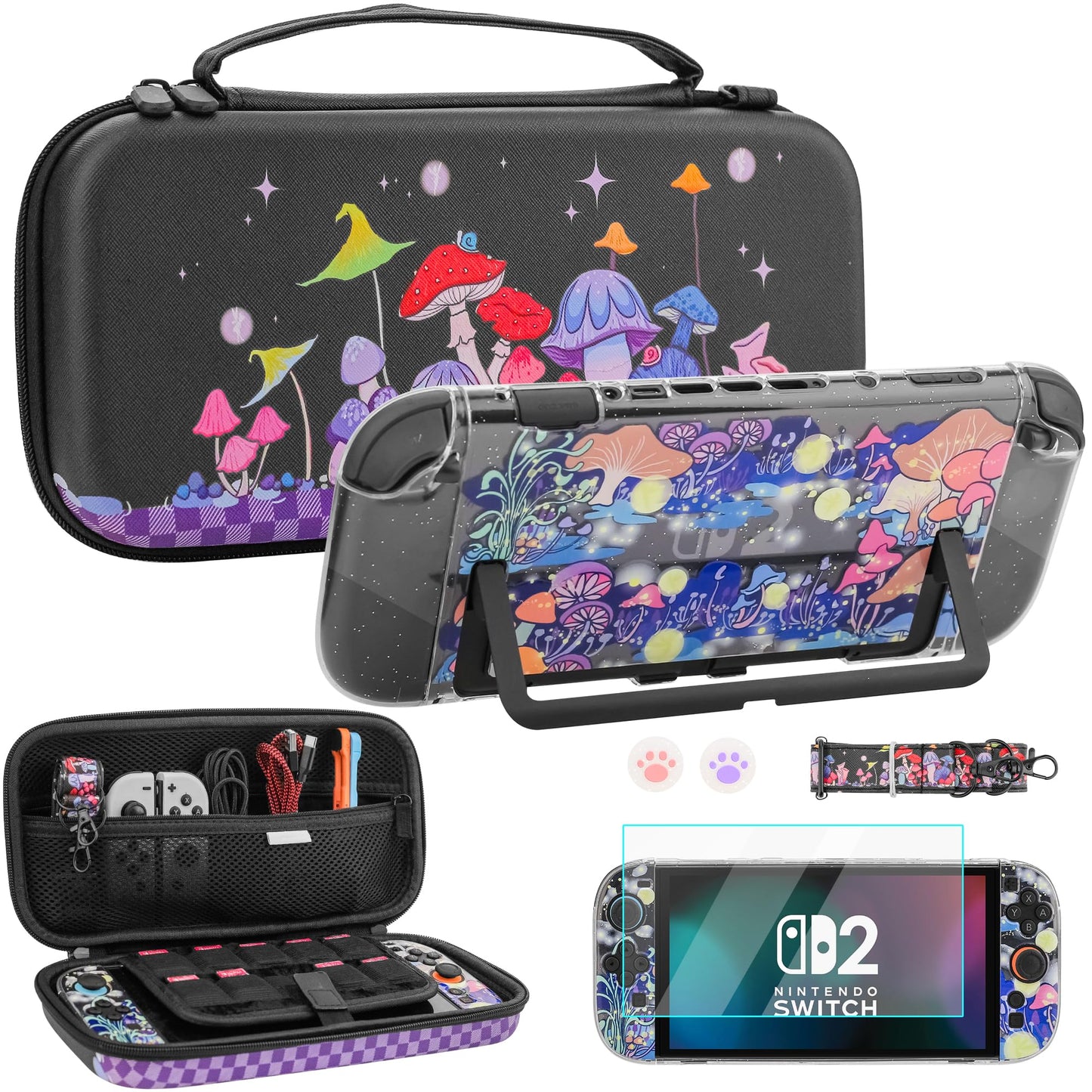 FUNDIARY Carrying Case for Switch 2 Cute Accessories for Switch 2 Console & Joycon with Mushroom Portable Travel Bag PC Protective Dockable Covers Screen Protector Shoulder Strap and 2 Thumb Caps