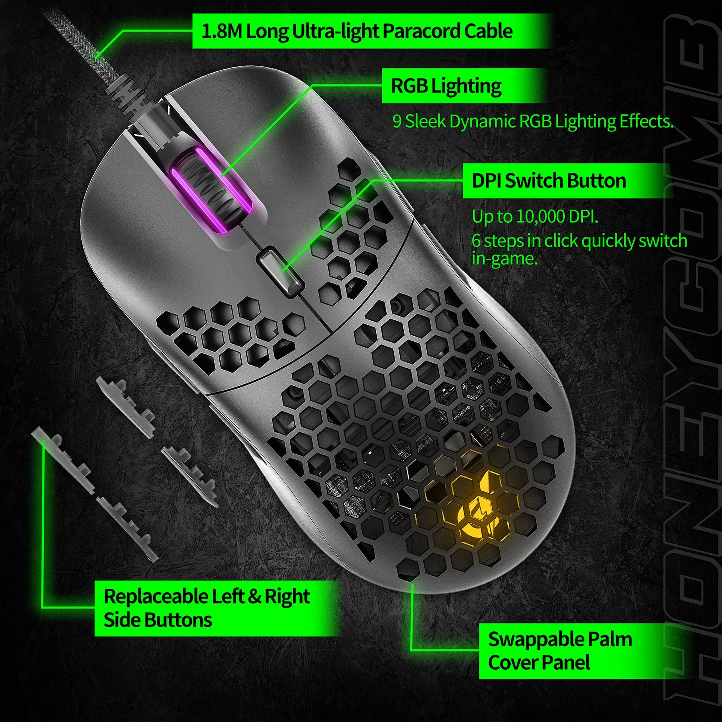 GUNMJO Wired RGB Gaming Mouse - 10,000 DPI, 9 Buttons, Black Color
