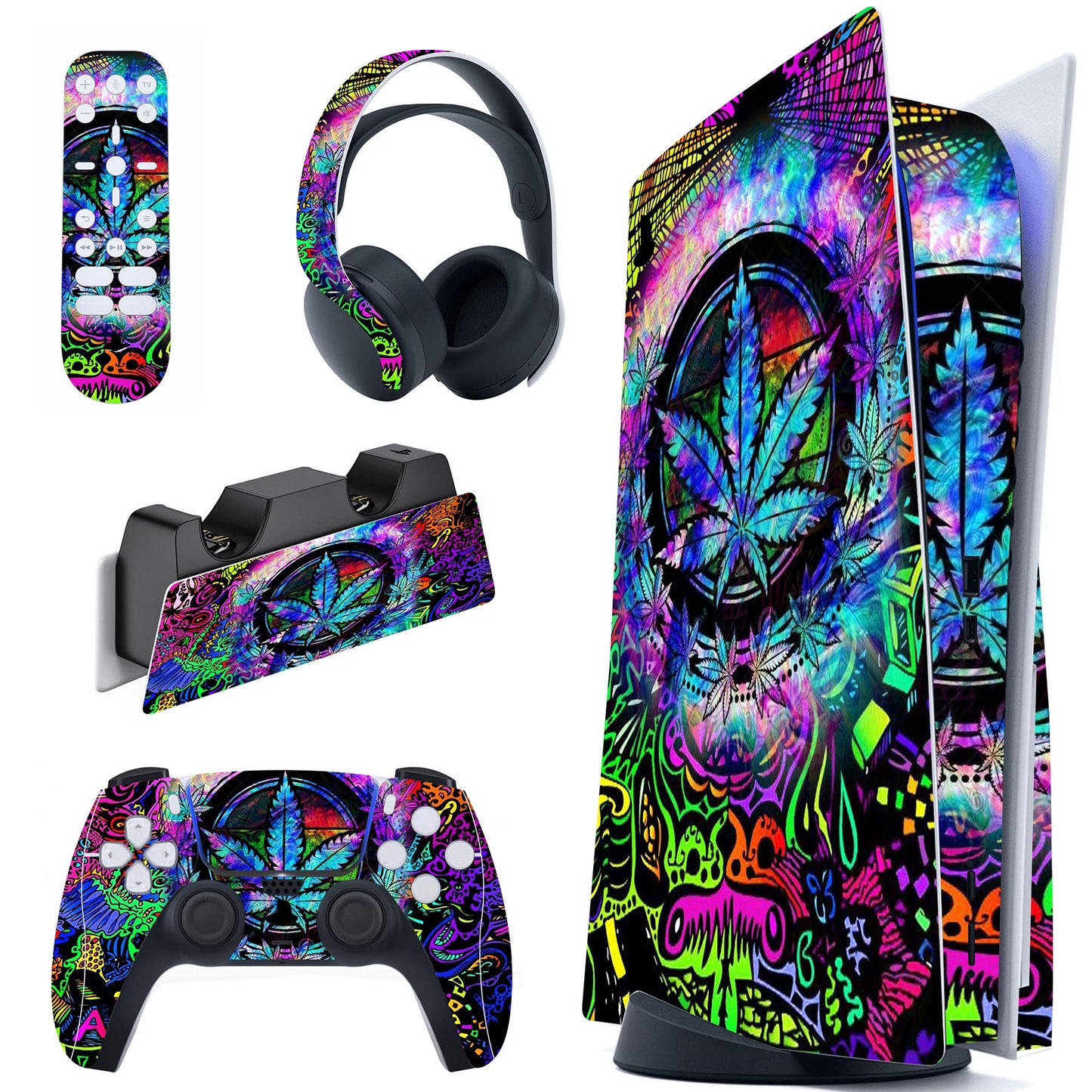 PlayVital Psychedelic Leaf Full Set Skin Decal for ps5 Console Disc Edition Sticker Vinyl Decal Cover for ps5 Controller & Charging Station & Headset & Media Remote