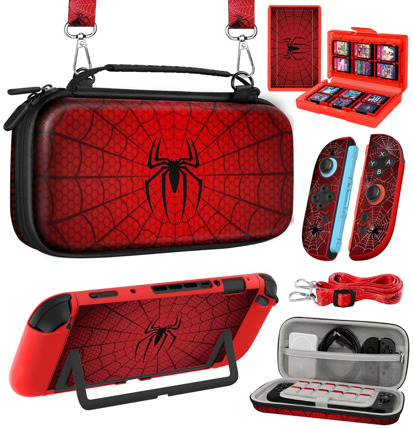 Gurgitat 6in1 Kits Accessories Bundle for Nintendo Switch 2 2025 - Cute Carrying Case Protective Cover Joy Con Grips Thumb Grips 24 Game Holder Shoulder Strap Teens Boys Girls Red