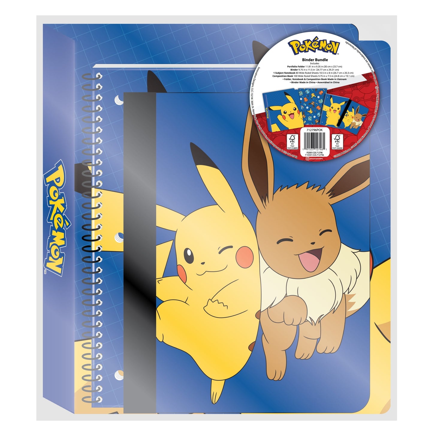 Pokmon Stationery Bundle, 3-Ring Vinyl Binder, 1-Inch O-Rings, Notebook, Composition Book, Folder