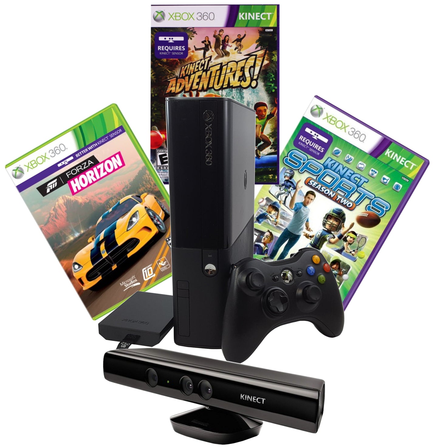 Restored Xbox 360 E 250Gb Sensor Kinect Adventures, Sports Season 2, Forza Horizon (Refurbished)