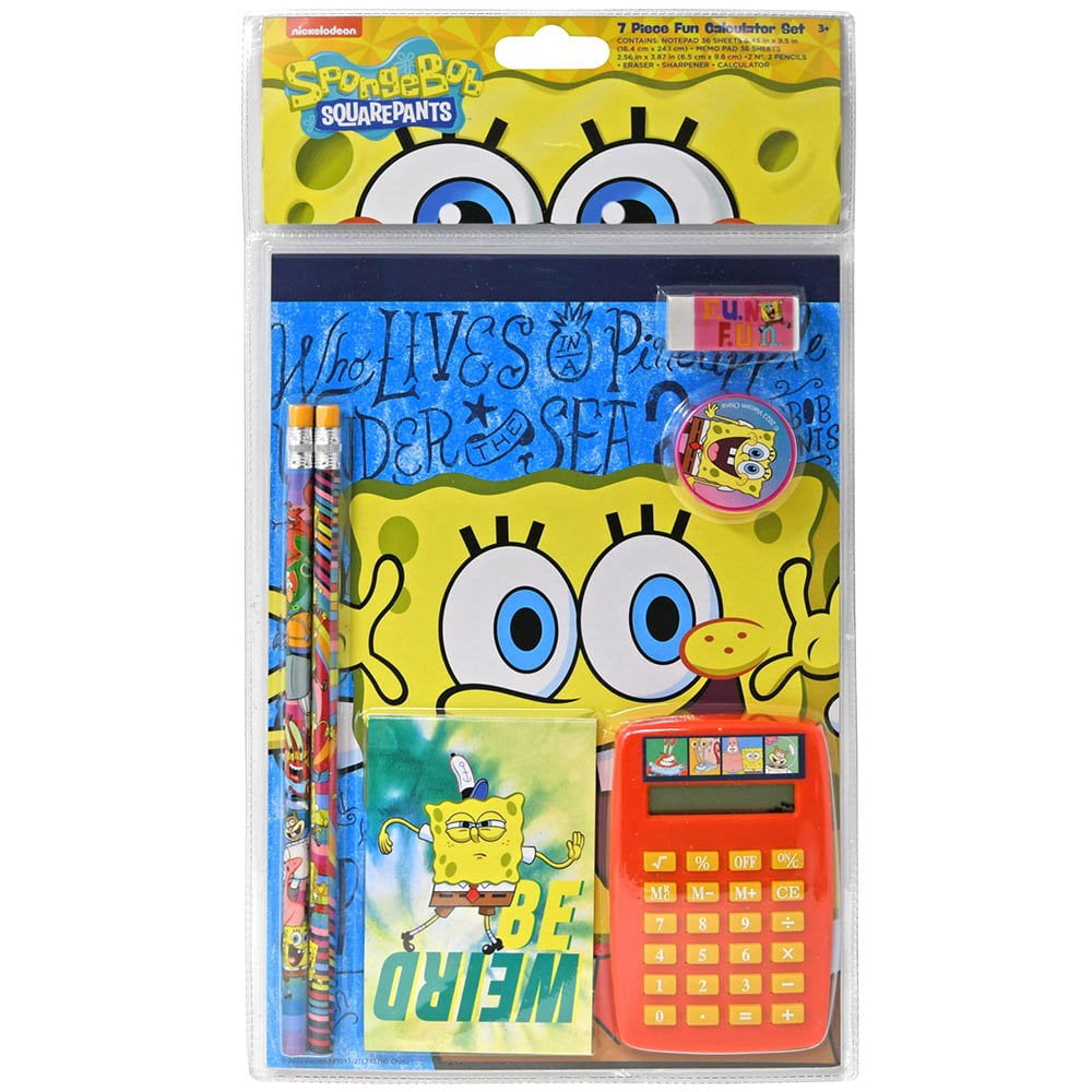 Spongebob Squarepants 7Pc Calculator Set, With Pencil, Eraser, Notepad, Sharpener