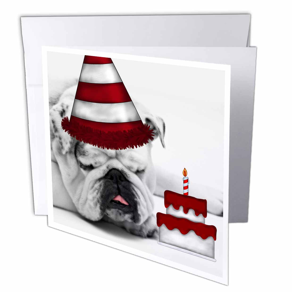 3Drose Cute Bulldog With A Birthday Hat And Birthday Cake., Greeting Cards, 6 X 6 Inches, Set Of 6