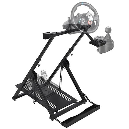 JustSmart X-Shaped Steering Wheel Game Stand - Height Adjustable, Chair Fixing Seat Slot, Cup Holder, Compatible with Logitech