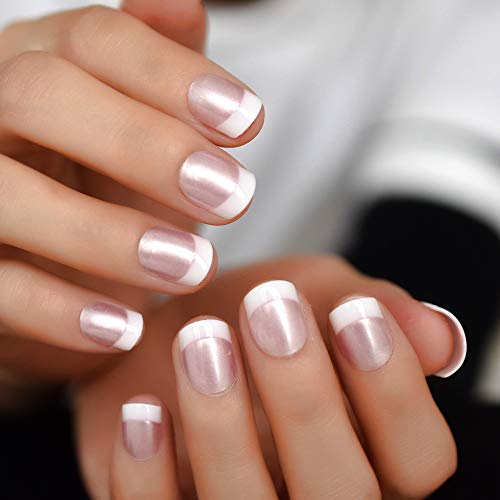 Pearl Shine Pink French Nail Press On Nails for Daily Wear White Round generic Nails Short glossy Satin Artificial Lady Fingernails with Adhesive Tabs