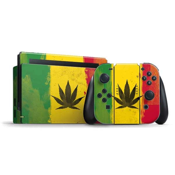 Skinit Decal Gaming Skin Compatible with Nintendo Switch Bundle - Marijuana Rasta Distressed Design