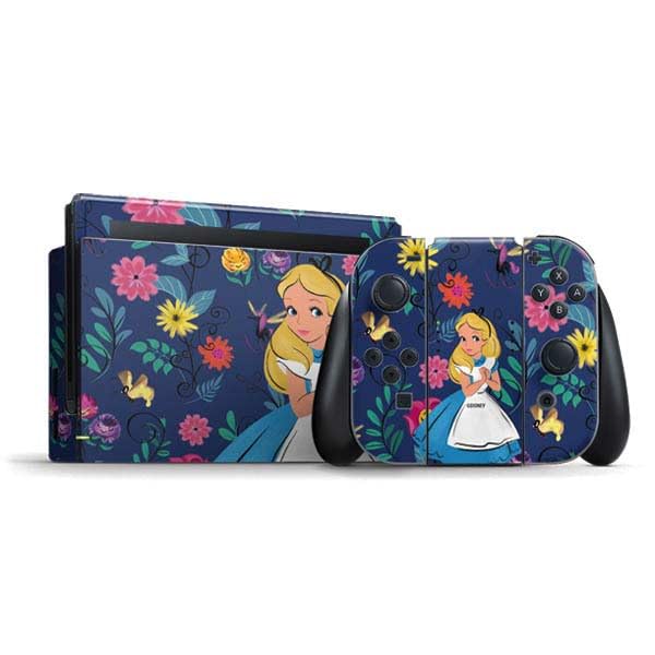 Skinit Decal Gaming Skin Compatible with Nintendo Switch Bundle - Officially Licensed Disney Alice in Wonderland (Animated) Floral Print Design