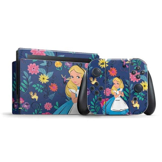 Skinit Decal Gaming Skin Compatible with Nintendo Switch Bundle - Officially Licensed Disney Alice in Wonderland (Animated) Floral Print Design