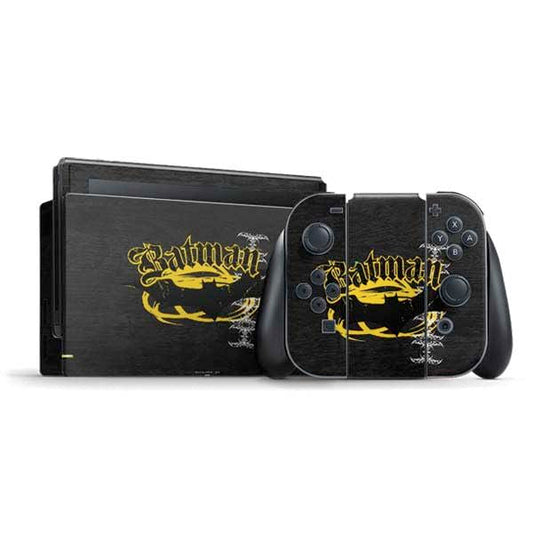 Skinit Decal Gaming Skin Compatible with Nintendo Switch Bundle - Officially Licensed DC Comics Batman Dark Knight Logo Yellow & Black Design