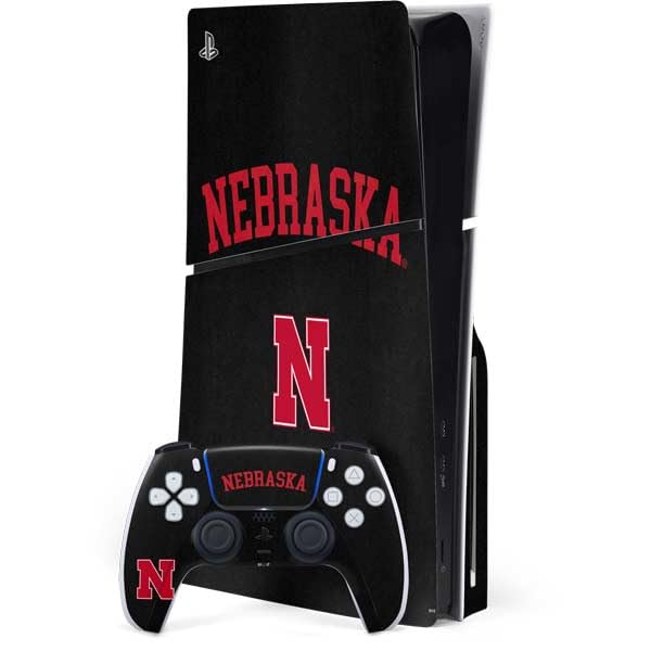 Skinit Decal Gaming Skin Compatible with PS5 Slim Disk Bundle - Officially Licensed University of Nebraska Collegiate Text Black Design