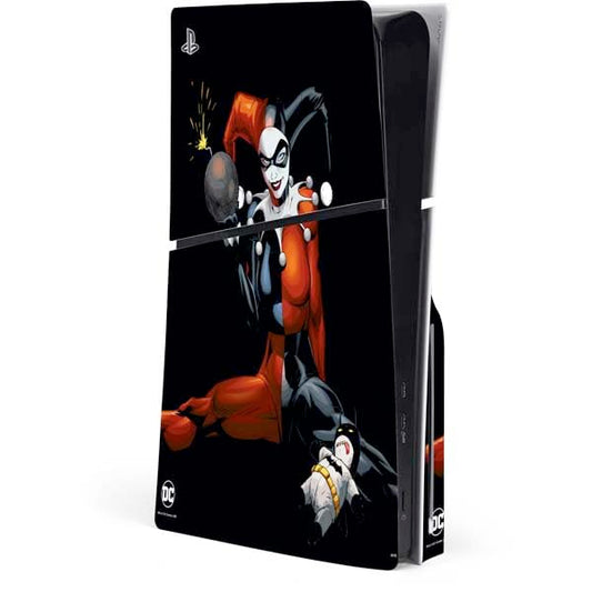 Skinit Decal Gaming Skin Compatible with PS5 Slim Disk Console - Officially Licensed DC Comics Harley Quinn Playfull Pose Design