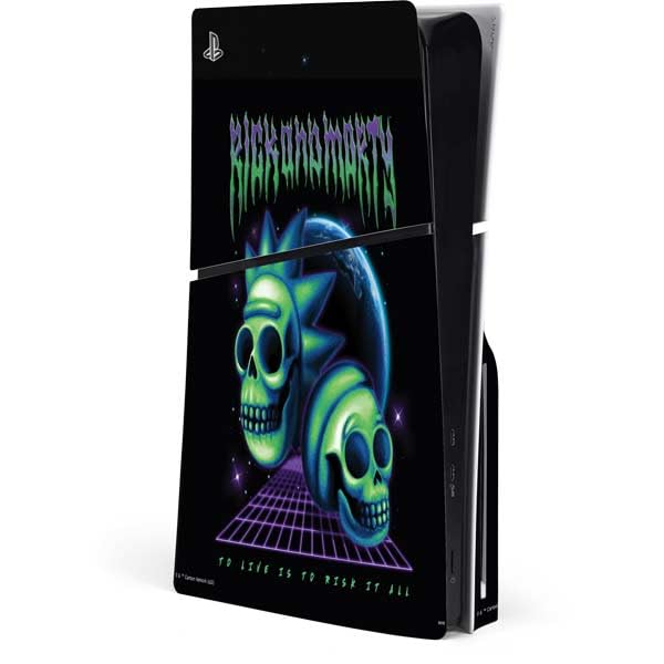 Skinit Decal Gaming Skin Compatible with PS5 Slim Disk Console - Officially Licensed Adult Swim Rick and Morty Neon Skulls Design