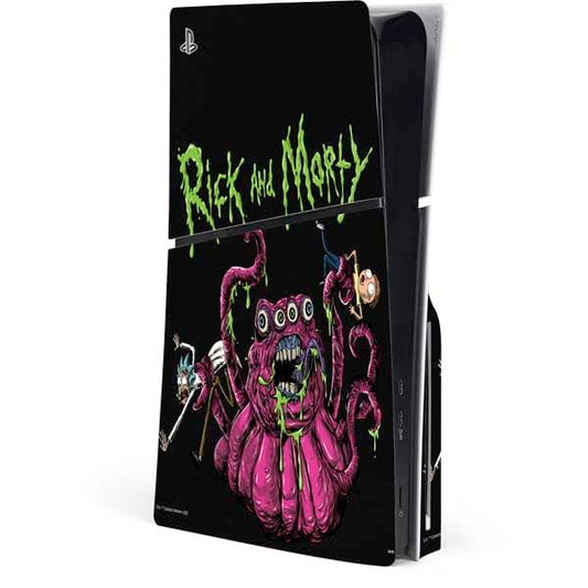 Skinit Decal Gaming Skin Compatible with PS5 Slim Disk Console - Officially Licensed Adult Swim Rick and Morty Tentacle Attack Design