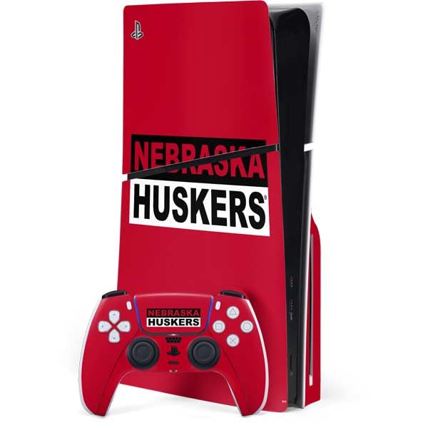 Skinit Decal Gaming Skin Compatible with PS5 Slim Disk Bundle - Officially Licensed University of Nebraska Red Huskers Design