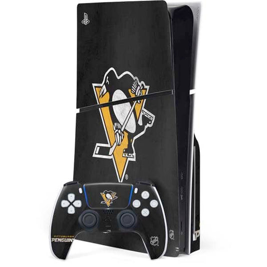 Skinit Decal Gaming Skin Compatible with PS5 Slim Disk Bundle - Officially Licensed NHL Pittsburgh Penguins Distressed Design