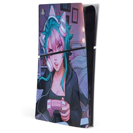 Skinit Decal Gaming Skin Compatible with PS5 Slim Digital Edition Console - Officially Licensed Anime Catgirl Gamer Nerd by Ivy Dolamore Design