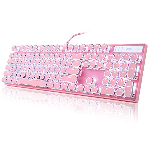 Camiysn Typewriter Style Mechanical Gaming Keyboard, 104 Keys Blue Switch, Pink Retro Design with White Backlit, Round Keycaps for PC/Mac