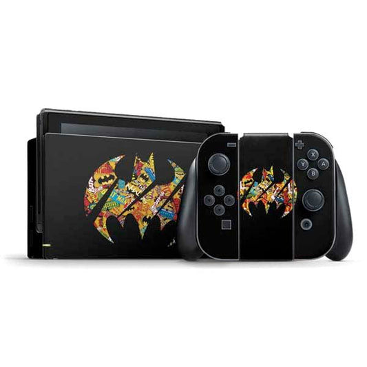 Skinit Decal Gaming Skin Compatible with Nintendo Switch Bundle - Officially Licensed DC Comics Batman Silhouette Logo Vintage Pattern Design