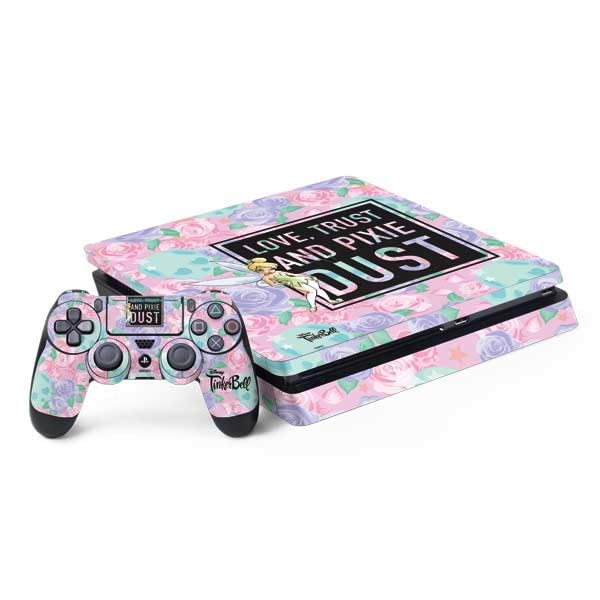 Skinit Decal Gaming Skin Compatible with PS4 Slim Bundle - Officially Licensed Disney Tinker Bell Love Trust and Pixie Dust Design