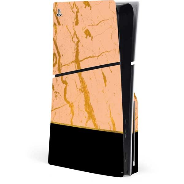 Skinit Decal Gaming Skin Compatible with PS5 Slim Disk Console - Pink Gold and Black Marble Design