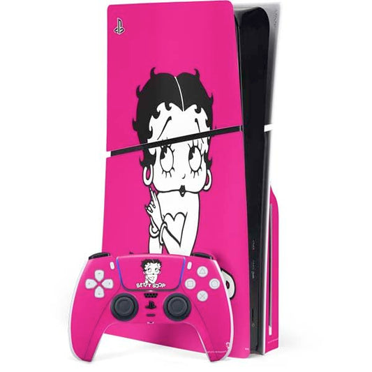 Skinit Decal Gaming Skin Compatible with PS5 Slim Disk Bundle - Officially Licensed Betty Boop Pink Background Design