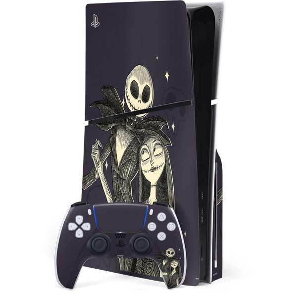 Skinit Decal Gaming Skin Compatible with PS5 Slim Disk Bundle - Officially Licensed Disney The Nightmare Before Christmas Jack and Sally Art Design