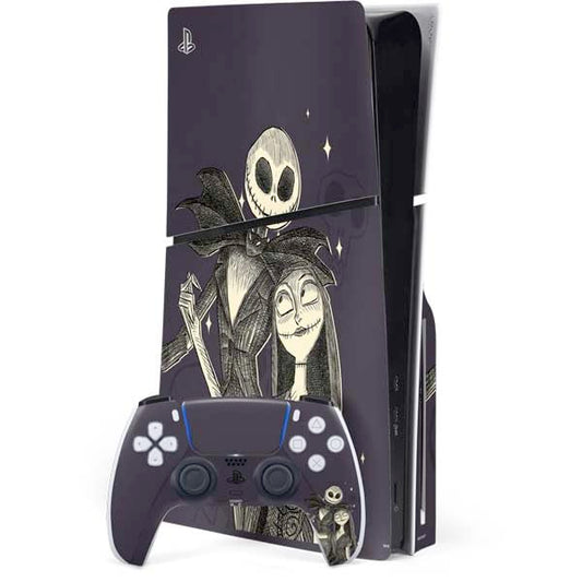 Skinit Decal Gaming Skin Compatible with PS5 Slim Disk Bundle - Officially Licensed Disney The Nightmare Before Christmas Jack and Sally Art Design