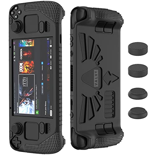 SUIHUOJI Steam Deck Standing Protective case  Thickening Silicone Accessories Protector  Soft cover Skin Shell with 2 Pairs Thumb grips  Full Protection Kit to Anti-Slip for Valve Stream Deck (Black)