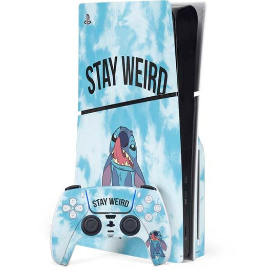 Skinit Decal Gaming Skin Compatible with PS5 Slim Disk Bundle - Officially Licensed character-themed Lilo and Stitch Stay Weird Design
