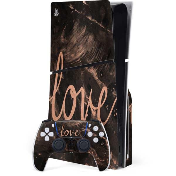 Skinit Decal Gaming Skin Compatible with PS5 Slim Disk Bundle - Love Rose Gold Black Design