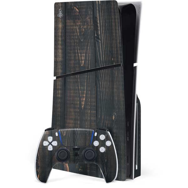 Skinit Decal Gaming Skin Compatible with PS5 Slim Disk Bundle - Black Painted Wood Design